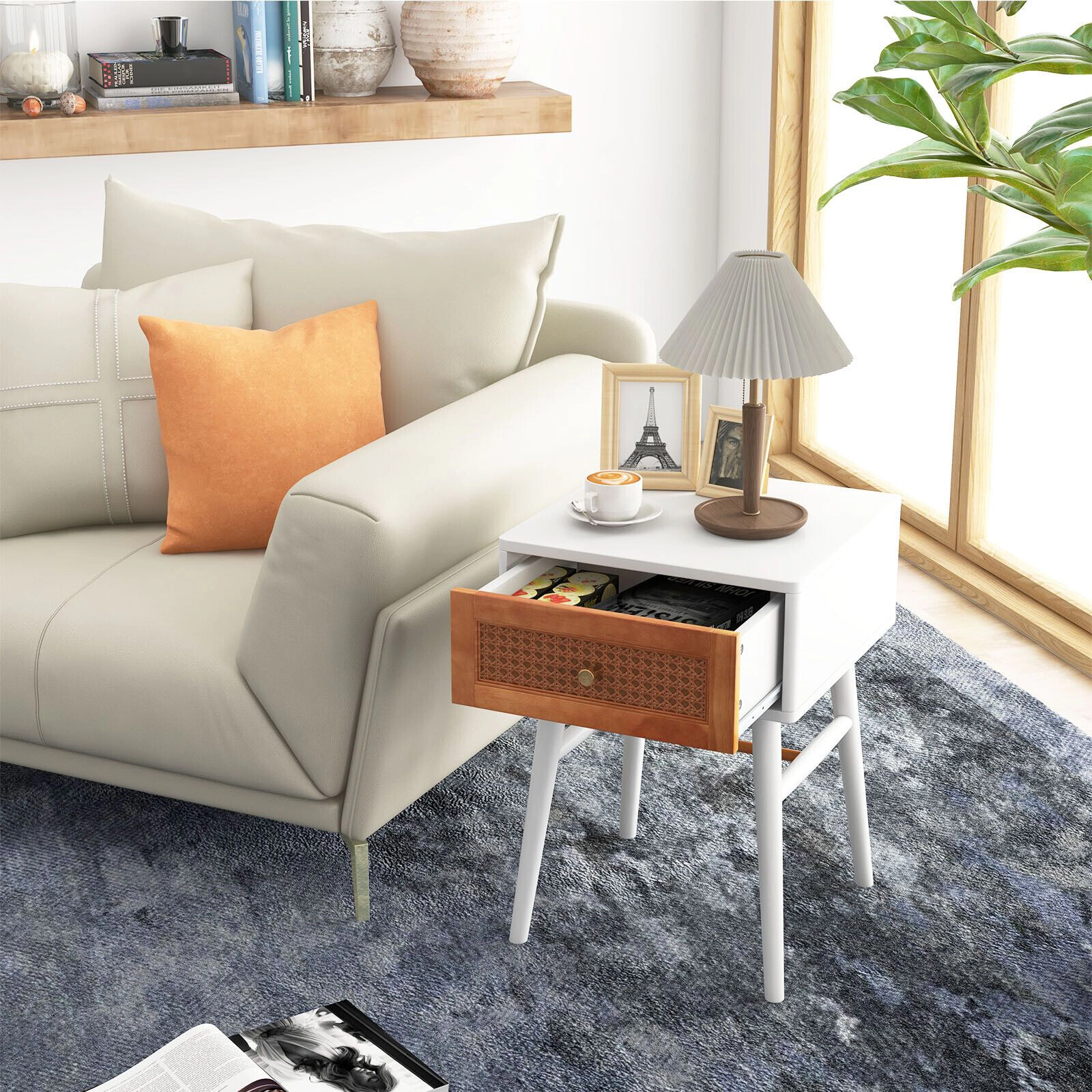 SlickBlue Rattan Bedside Table with Solid Wood Legs
