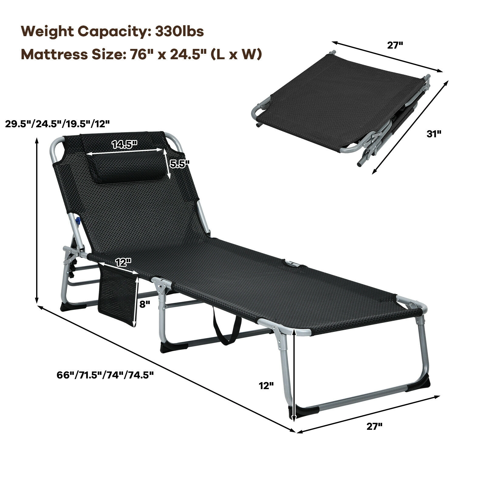 SUGIFT 4-Position Padded Folding Lounge Chair 330-Lb Capacity with Removable Soft Mattress & Neck Pillow Black/Beige