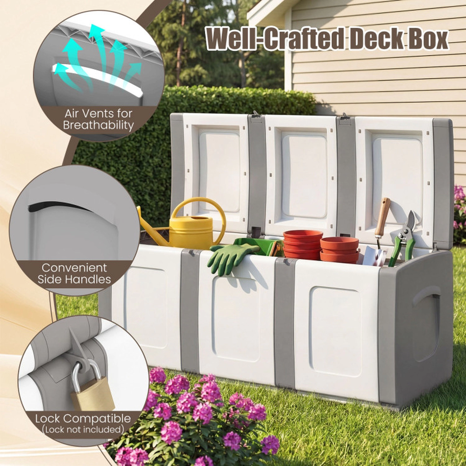SUGIFT 80-Gallon Lockable Lid All-Weather PP Patio Container Storage Box 55-in x 21.5-in x 22.5-in 90-lb Gray