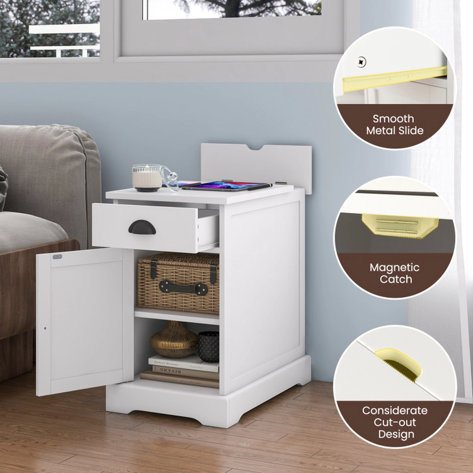 SUGIFT End Table with Charging Station and Flip Top 66-lb Tabletop Capacity 2-Outlet 2-USB White