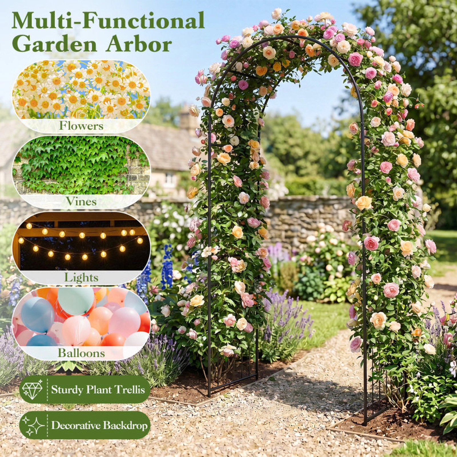 SUGIFT 87-in Black Powder-Coated Metal Garden Arch Arbor Trellis with Reinforced Crossbars and Slats