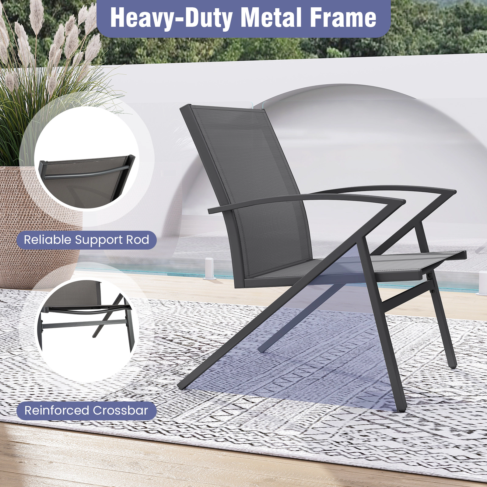 SUGIFT Breathable Quick-Drying Fabric Patio Lawn Chairs Set of 2 with Heavy Duty Metal Frame 350-lb Capacity Gray