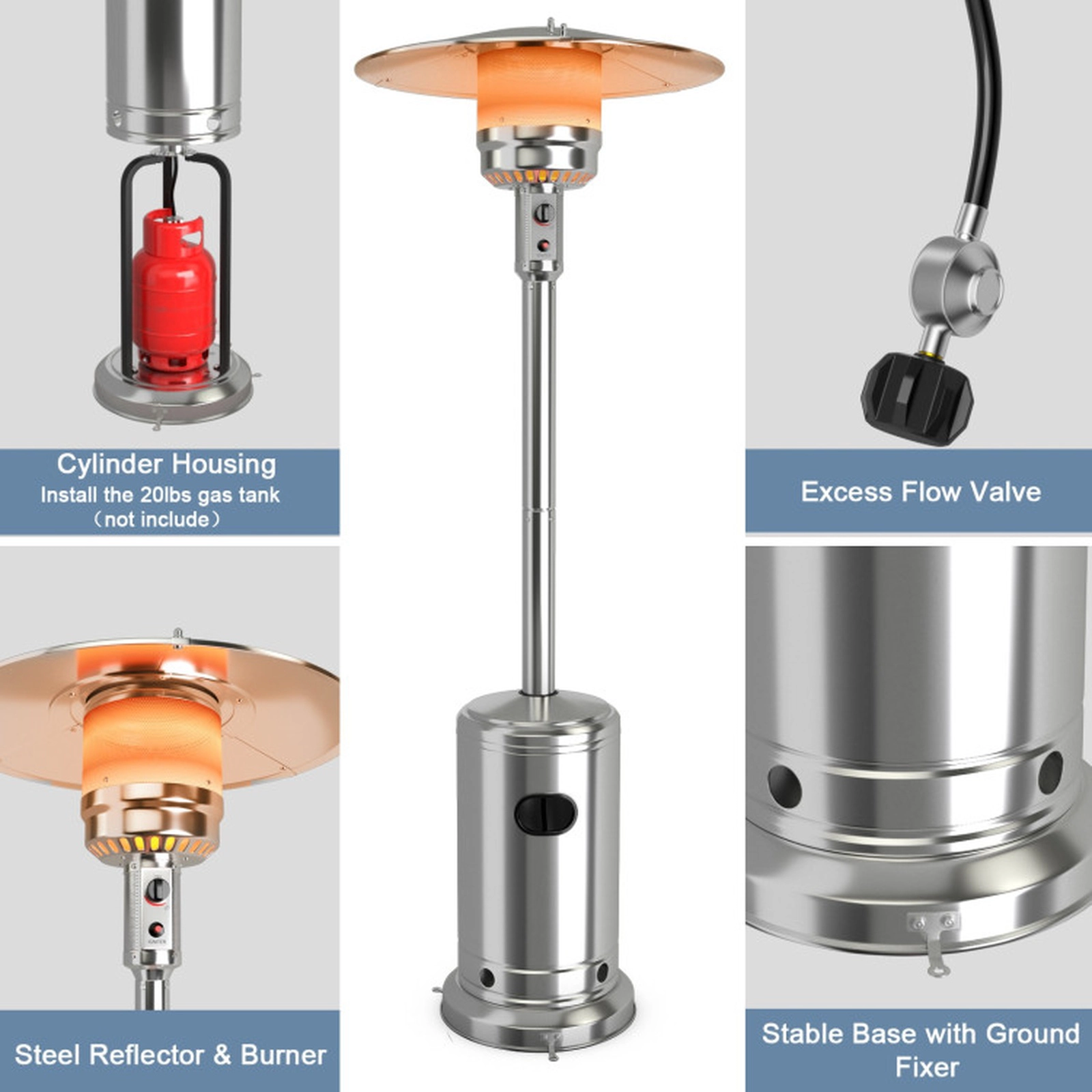 SUGIFT 50000-BTU Silver Stainless Steel Standing Propane Patio Heater with 15-ft Heat Range and Wheels