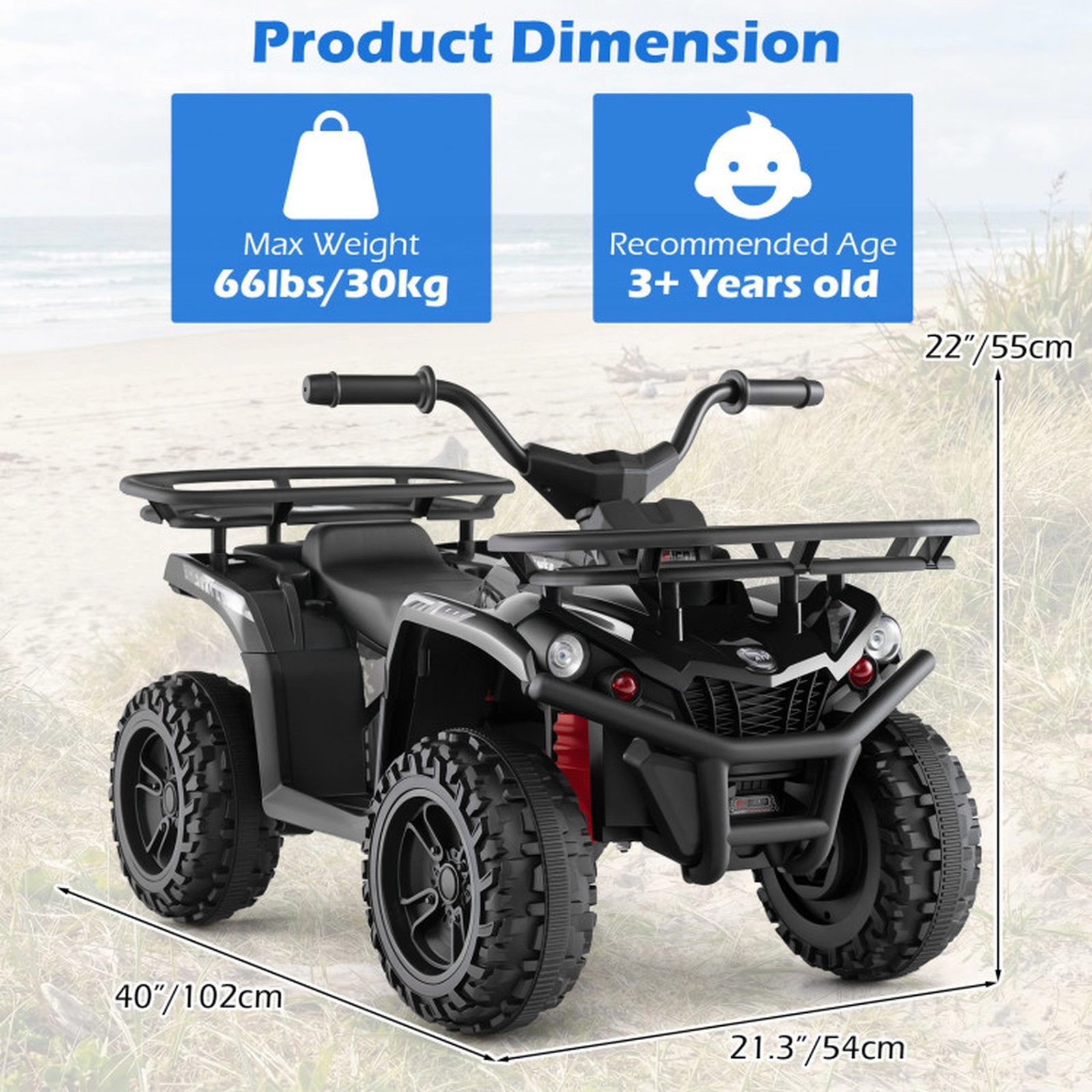 SUGIFT 24V Electric Ride On Quad ATV with LED Headlights 66-lb Capacity Ages 3+ Black