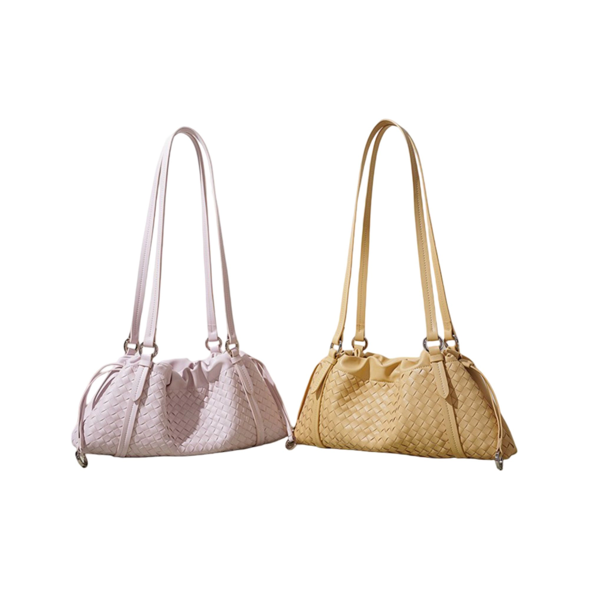 Alilang Women's Woven Leather Shoulder Satchel with Ruched Top Detail Long Straps and Slouchy Shape
