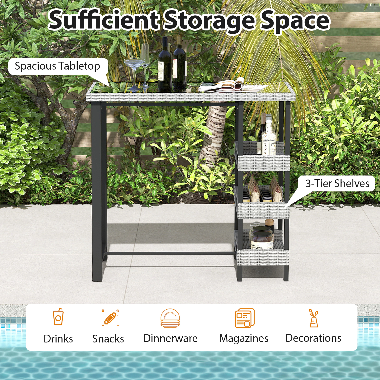 SUGIFT 43.5-in Mix Gray Rattan Bar-Height Outdoor Patio Table with Tempered Glass Top and 3 Shelves