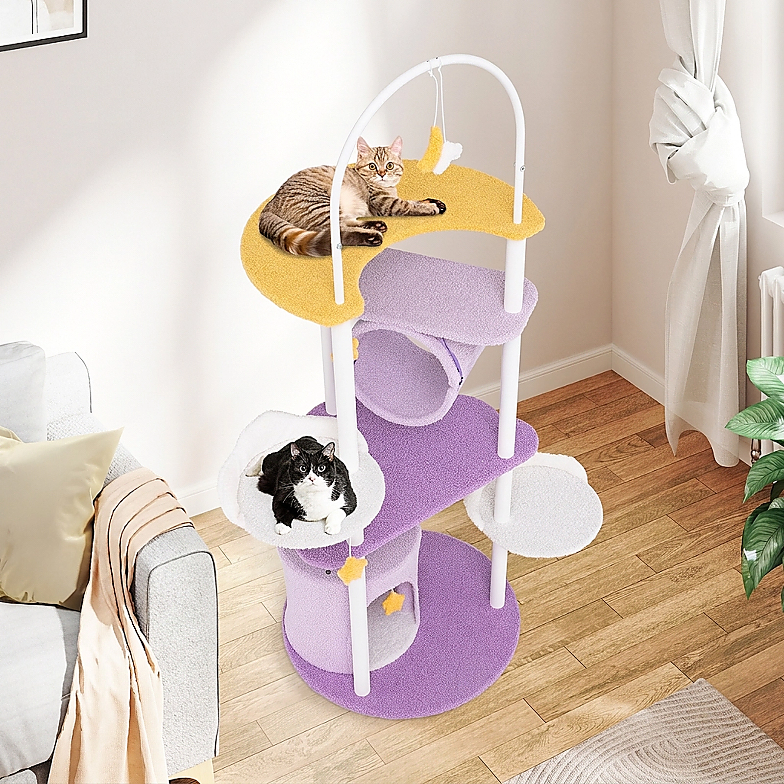 SUGIFT Purple 62 in Large Cat Tower with Metal Frame and Moon-Shaped Platform