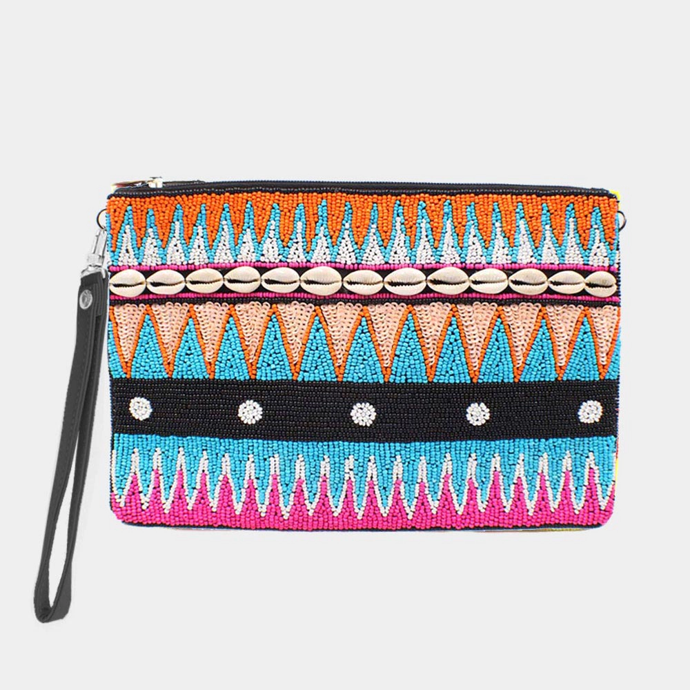 FASHNZFAB Puka Shell Point Sequin Seed Beaded Wristlet Clutch Bag