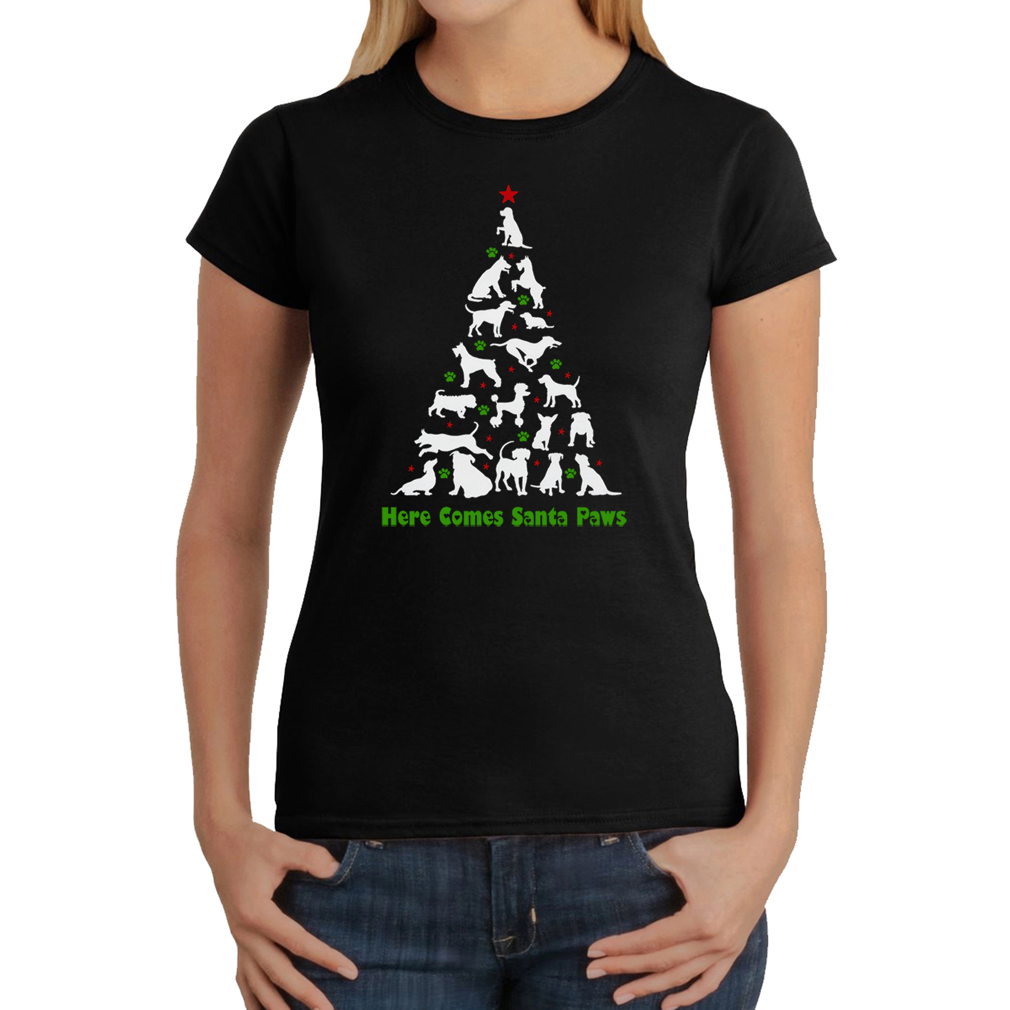 LA Pop Art Women's Word T-Shirt - Here Comes Santa Paws