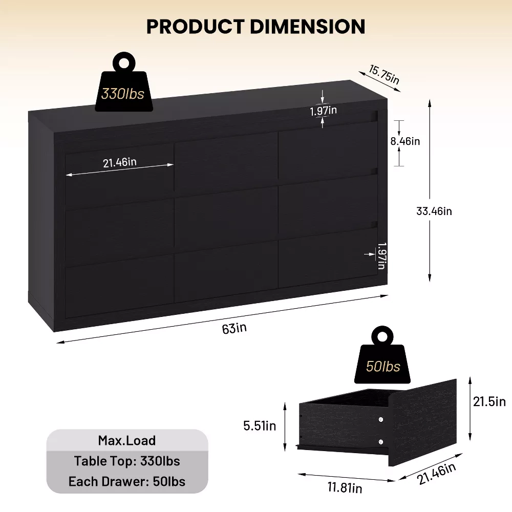 9 Drawer Modern Wooden Dresser with Handleless Design, Wide Storage Chest for Bedroom Living Room Entryway