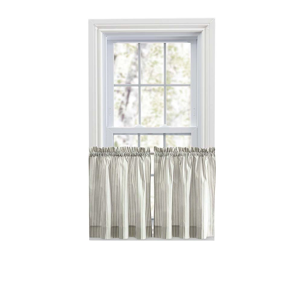 Ellis Curtain Plaza Classic Ticking Stripe Printed on Natural Ground 1.5" Rod Pocket Tailored Tiers 56" x 36"  Sage