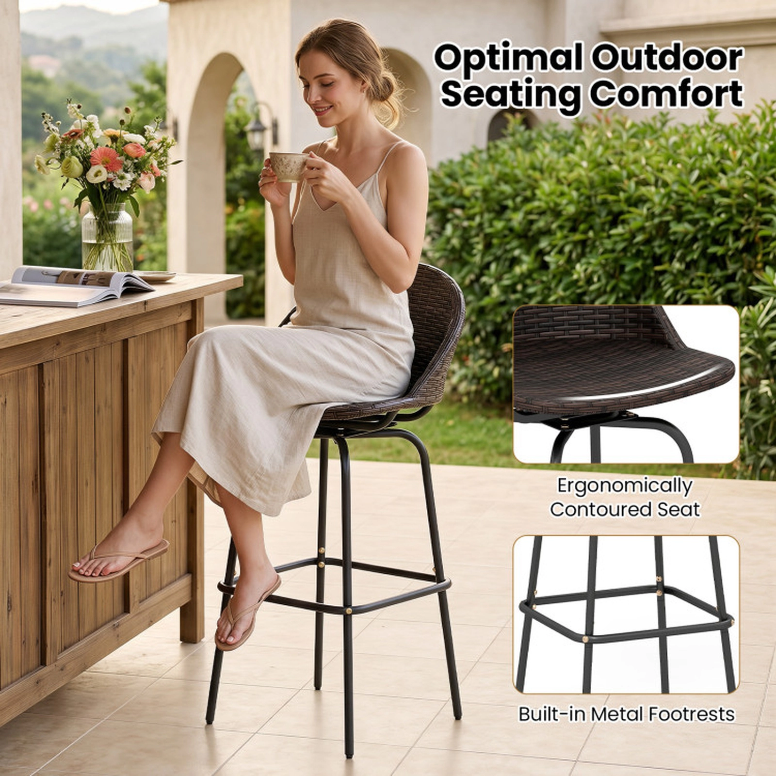 SUGIFT Brown Hand-Woven Rattan Seat and Footrest Set of 2 Patio Swivel Bar Stools