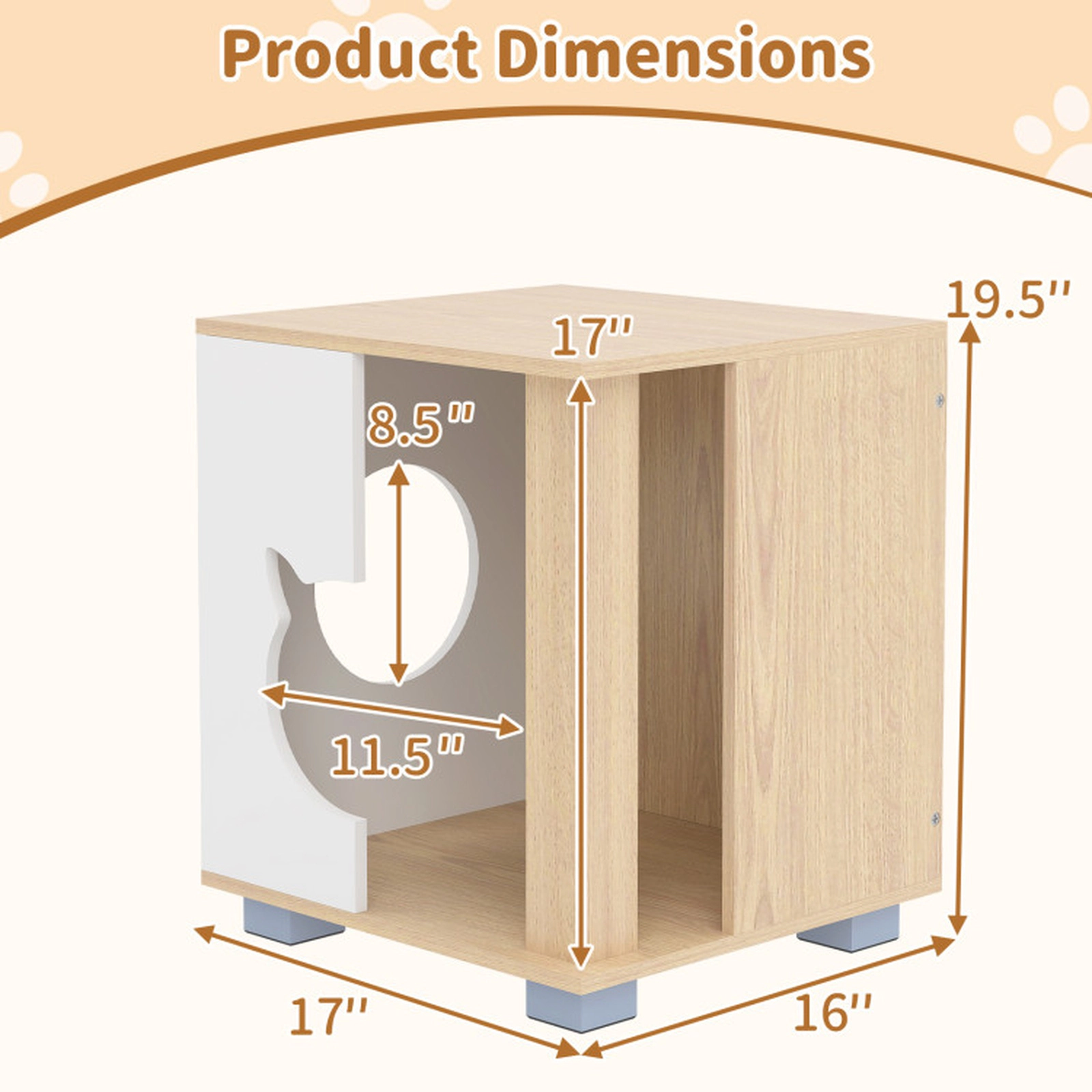 SUGIFT 44-lb Capacity Wooden Semi-Enclosed Cat Bed Side Table with Cat Head Entry and Metal Legs