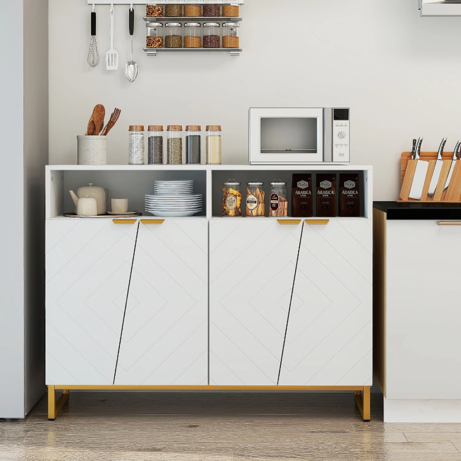 SUGIFT 4-Door Diamond Textured Gold Handles Modern Sideboard Cabinet 40-in x 12-in x 32-in 220-lb Capacity White