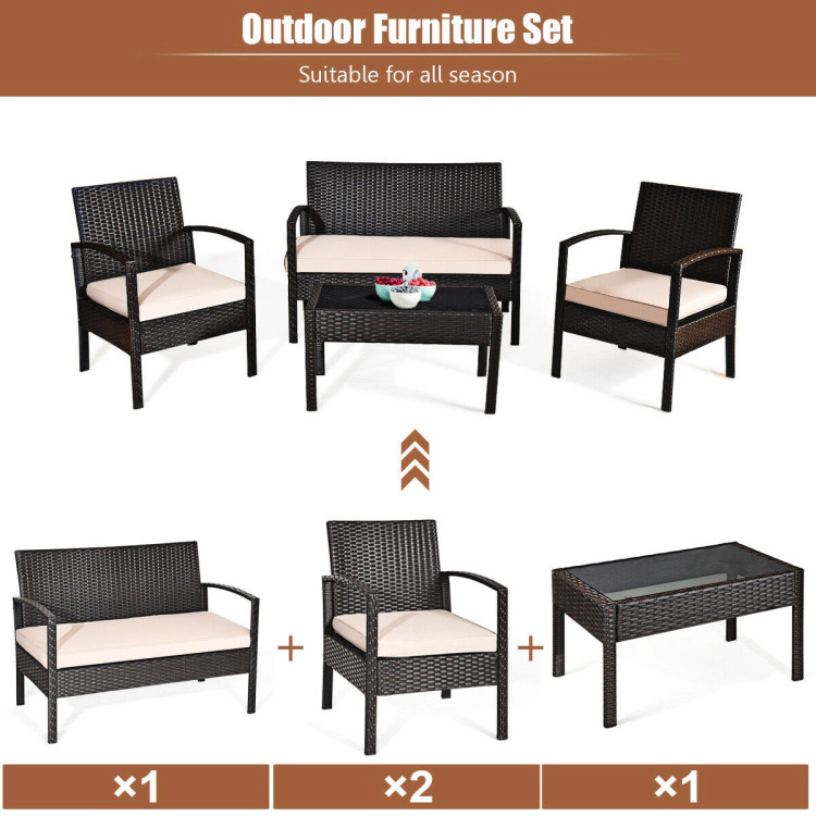 Hivvago 4 Pieces Patio Rattan Conversation Set With Loveseat Sofas And Coffee Table