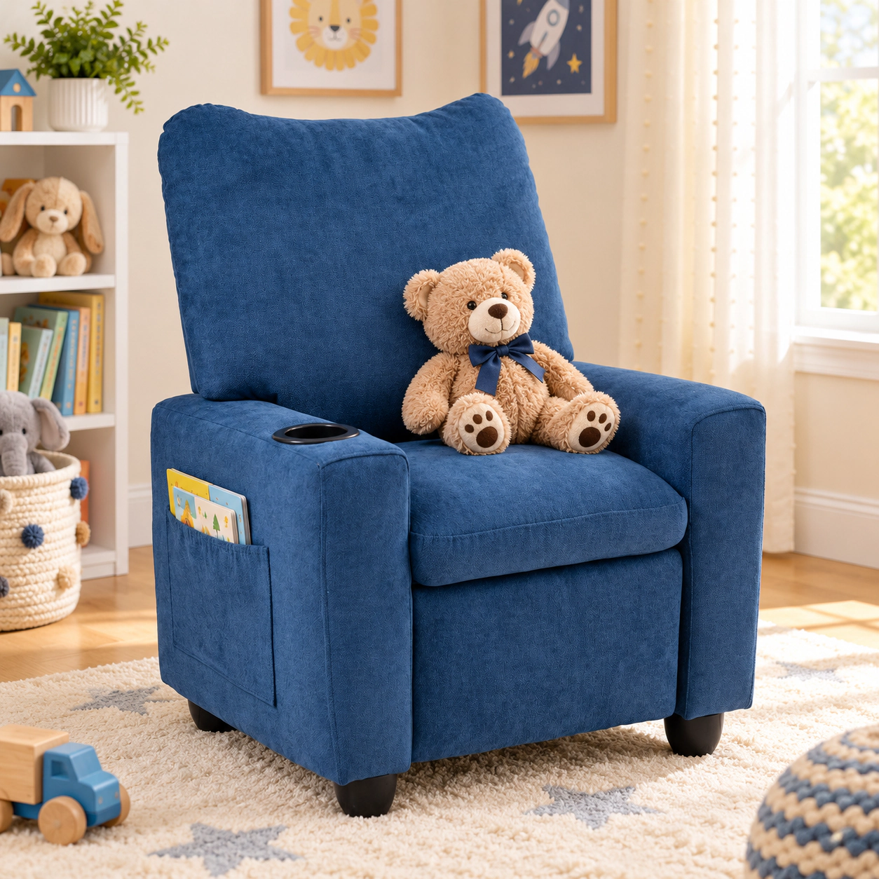 SUGIFT Kids Chenille Fabric Cup Holder Pop Out Footrest Recliner 24-in x 20.5-in x 30-in 150-lb Capacity Ages 3+ Navy