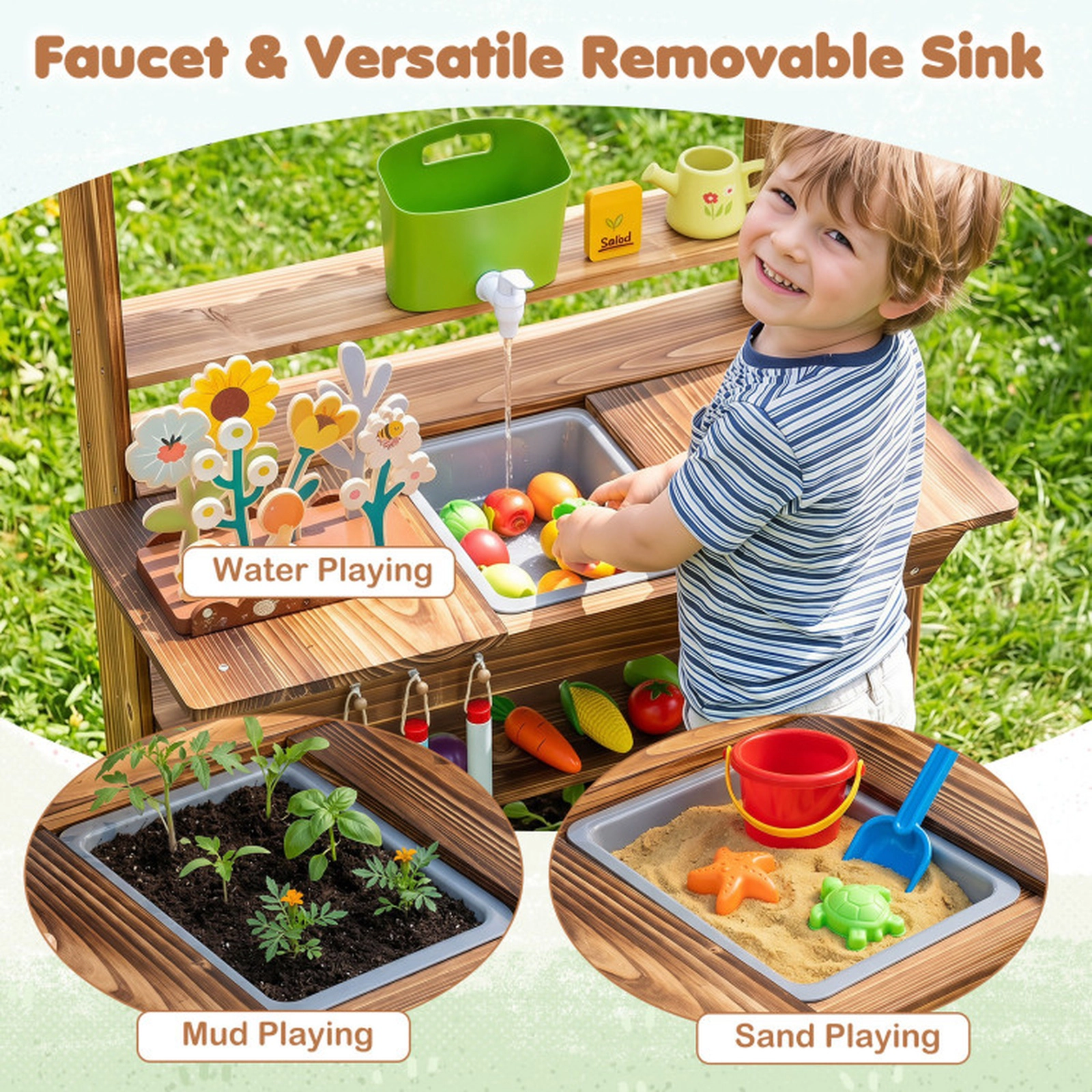 SUGIFT Rustic Brown Faucet Sink and Planter Box Outdoor Kids Wooden Mud Kitchen