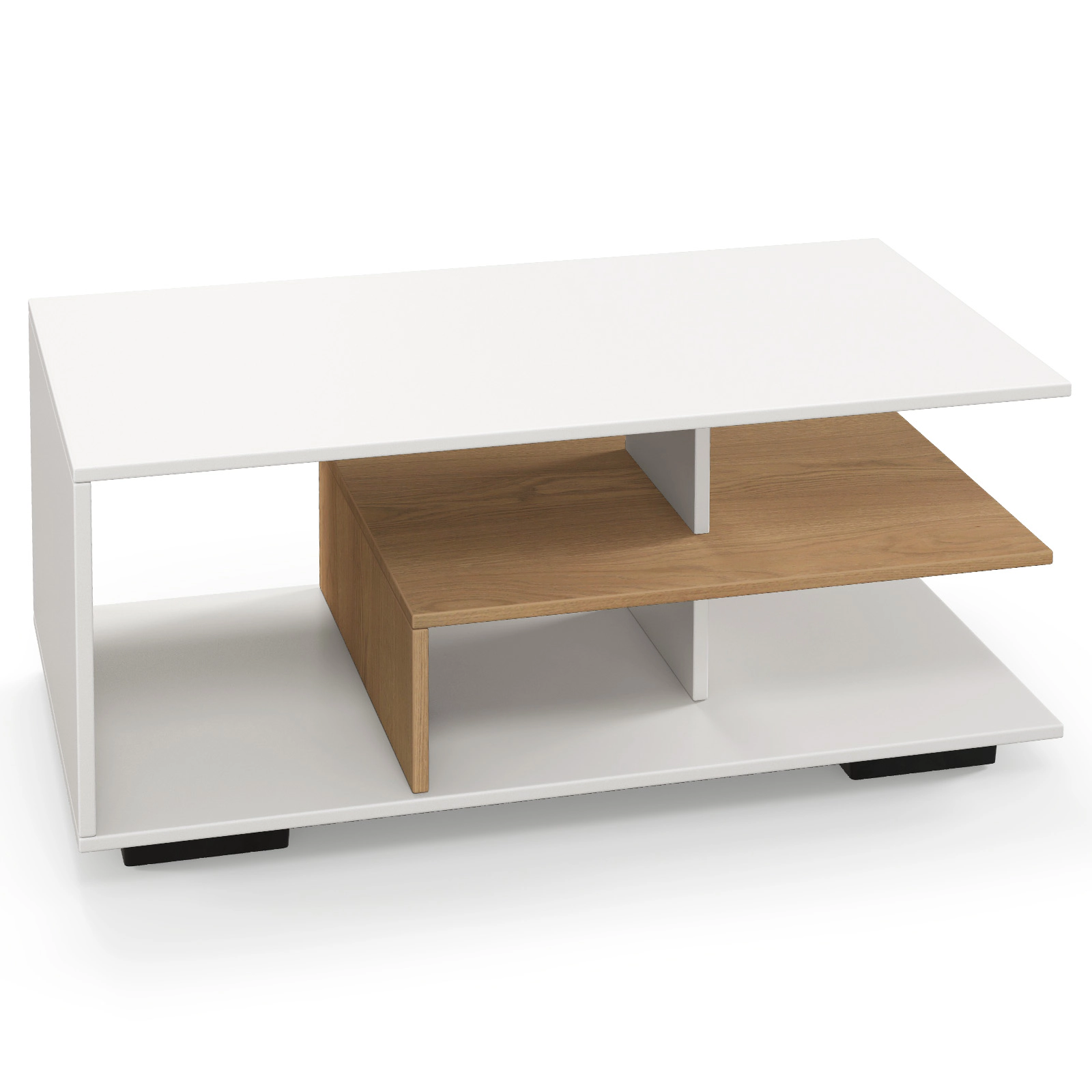 Glintex 3-Tier 35.5-Inch Coffee Table with L-Shaped Middle Shelf, Natural + White