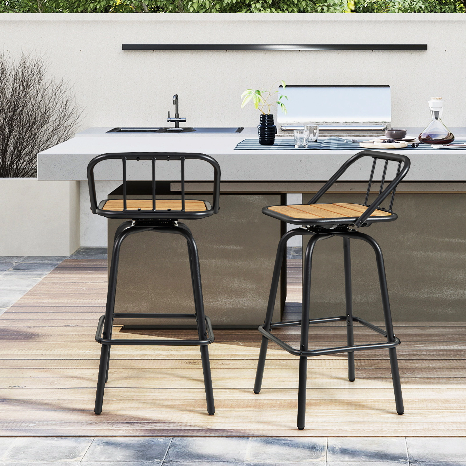Glintex 2-Piece 27.5-Inch Swivel Bar Stool Set with Slatted Plastic Wood Seat, Black + Natural