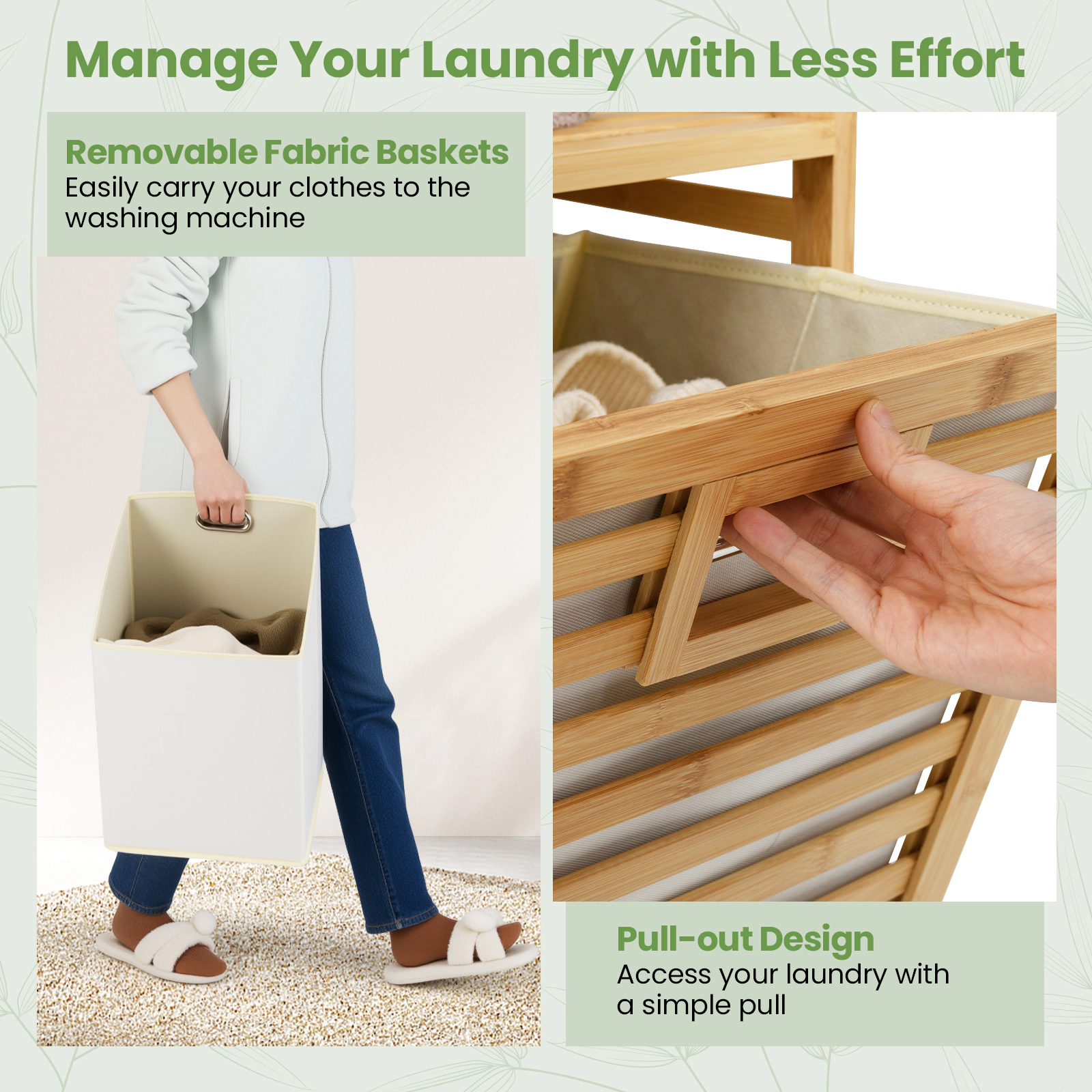 SUGIFT Natural Bamboo Double Tilt-Out Laundry Hamper with 2 Removable 10-gal Bins and Top Shelf