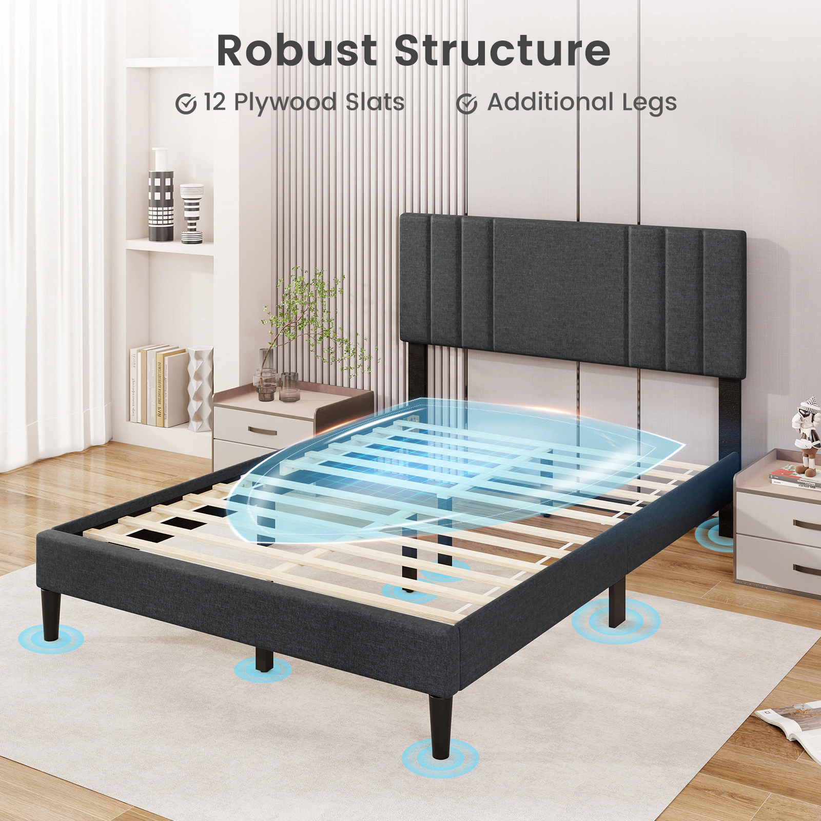 SUGIFT Gray Vertical Channel Tufted Headboard Upholstered Platform Bed