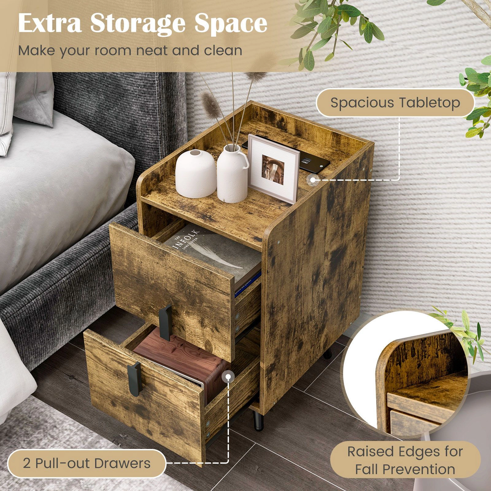 SlickBlue Nightstand with Charging Station, 2 Drawers & Metal Legs