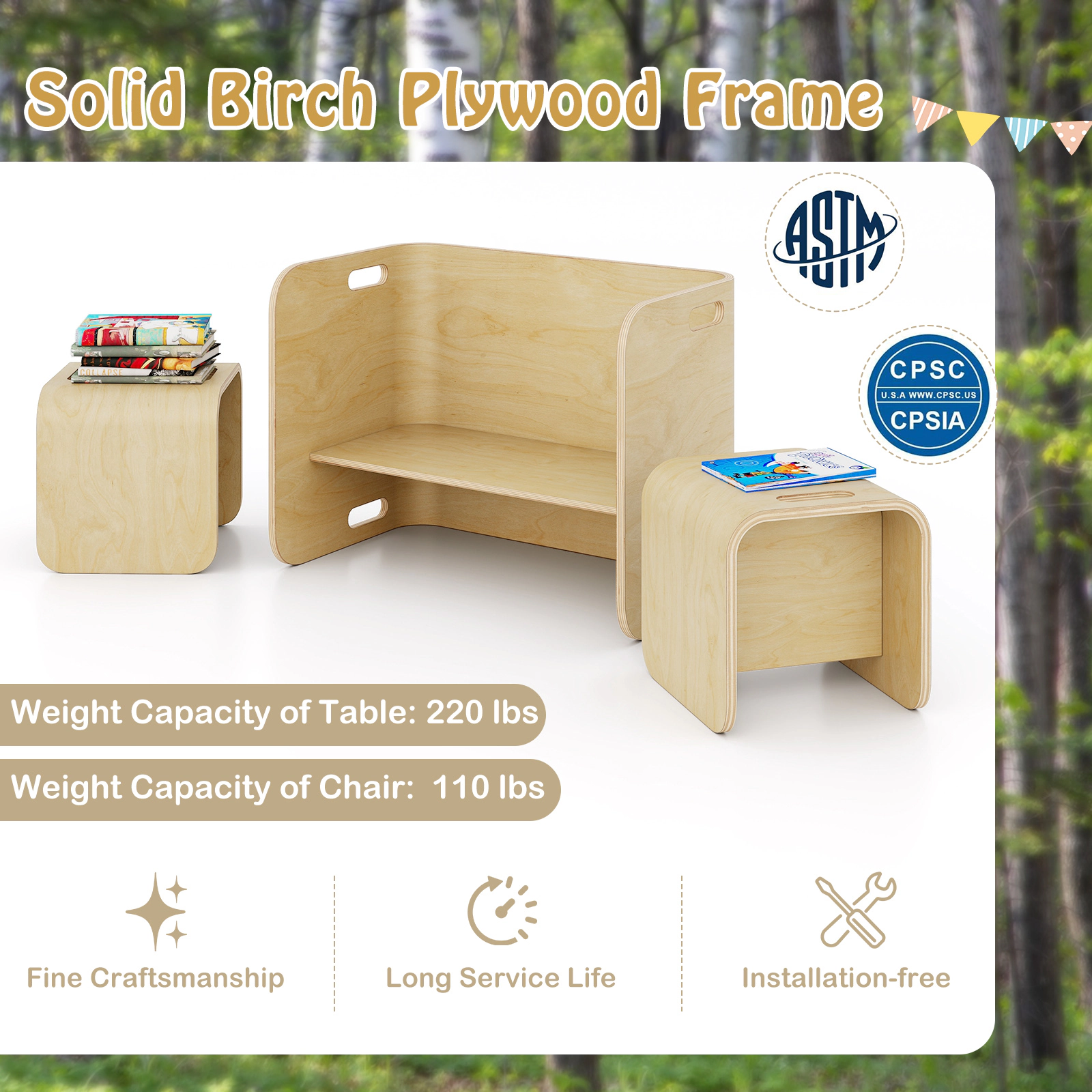 SUGIFT Natural Multifunctional Stool Desk Shelf Kids 3-Piece Birch Wood Table and Chair Set