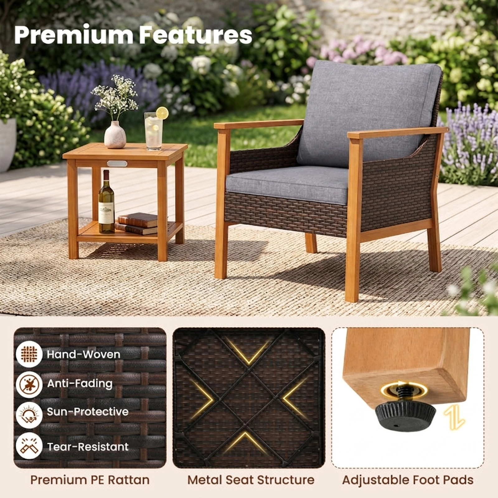 SUGIFT Patio Dining and Conversation Set with Armchairs 400-lb Chairs 165-lb Tabletop Gray Cushions Mix Brown Rattan