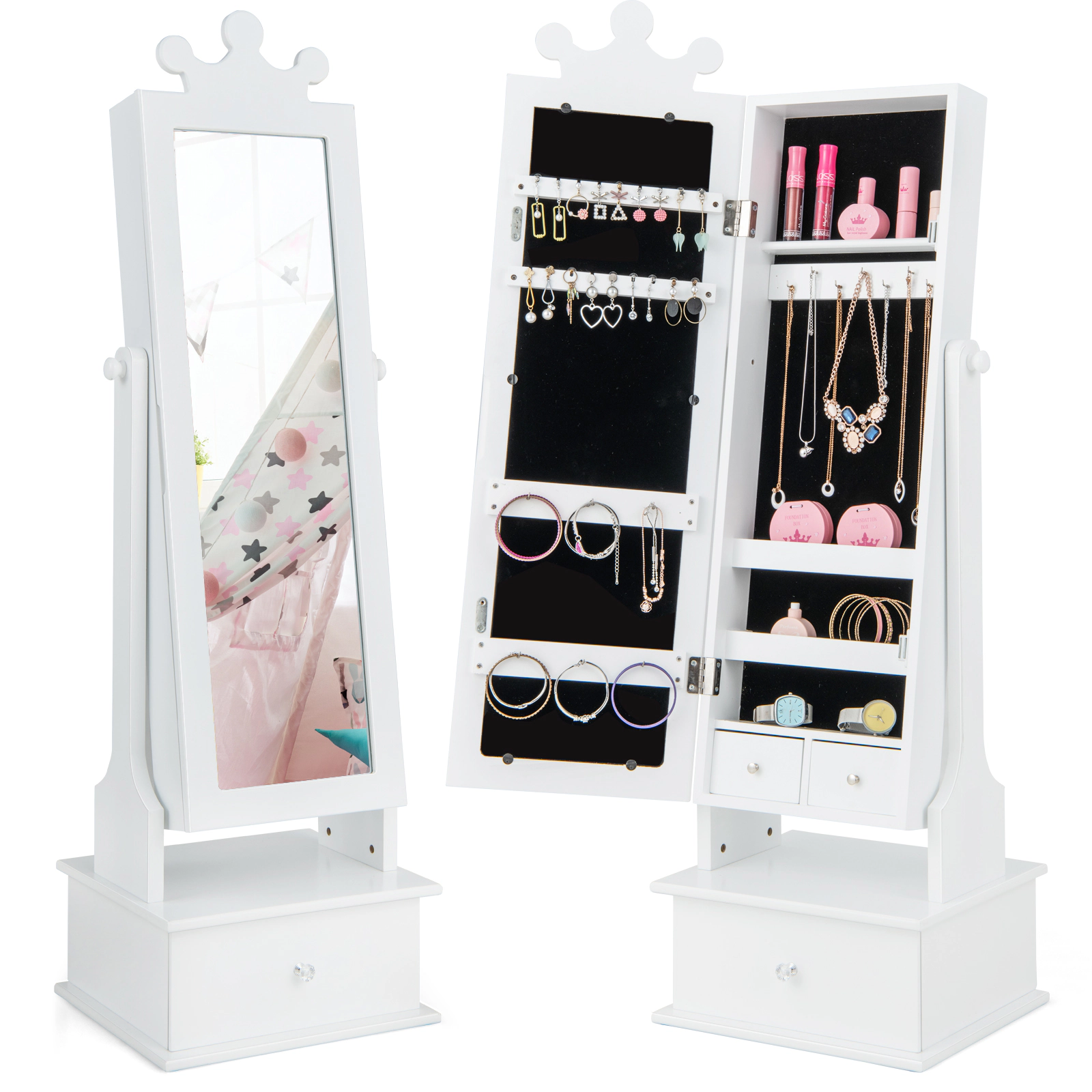 SUGIFT White Full Length Mirror and Drawer for Ages 3 and Up 2-in-1 Kids Jewelry Armoire