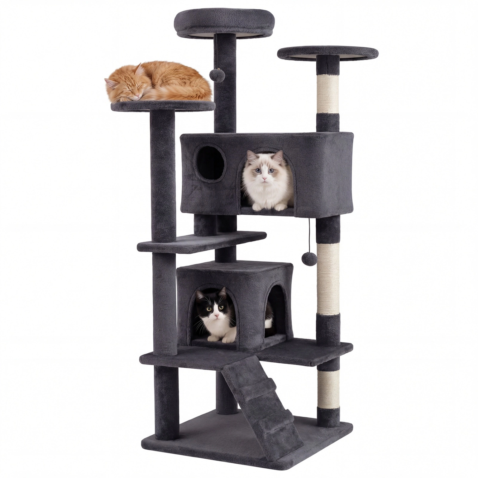 SUGIFT Multi-Level Cat Tree Tower for Indoor Cats Caves Perches Ladder & Sisal Posts 22-lb Capacity Per Layer Dark Gray