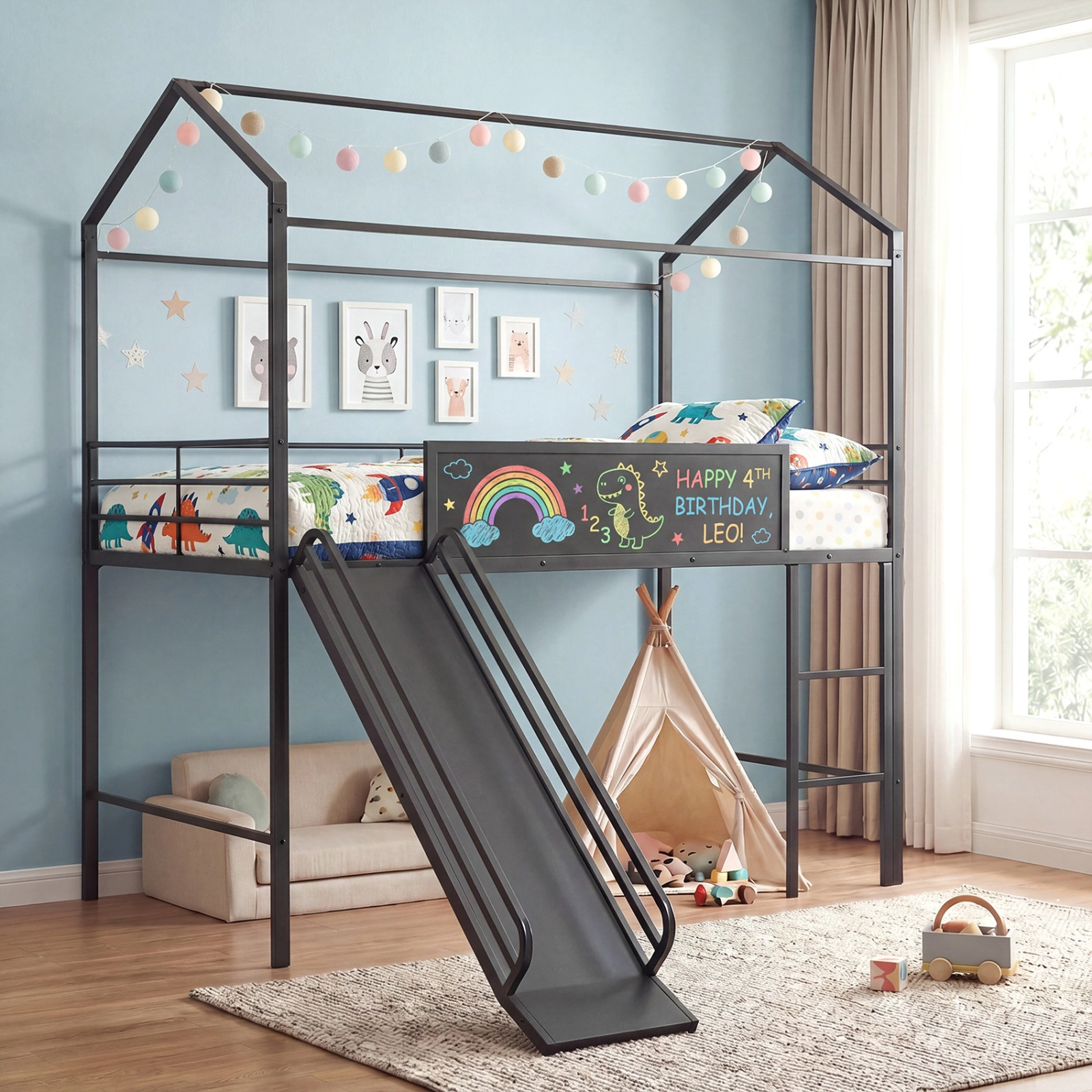 SUGIFT Black House Frame Slide Ladder and Chalkboard Kids Twin Loft Bed