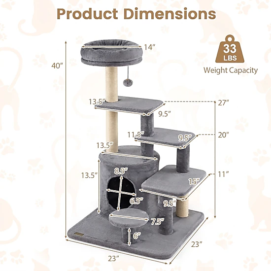 SUGIFT 40-in Beige Multi-Level Cat Tree Tower with Condo Padded Perch and Sisal Posts 23-in Square Base