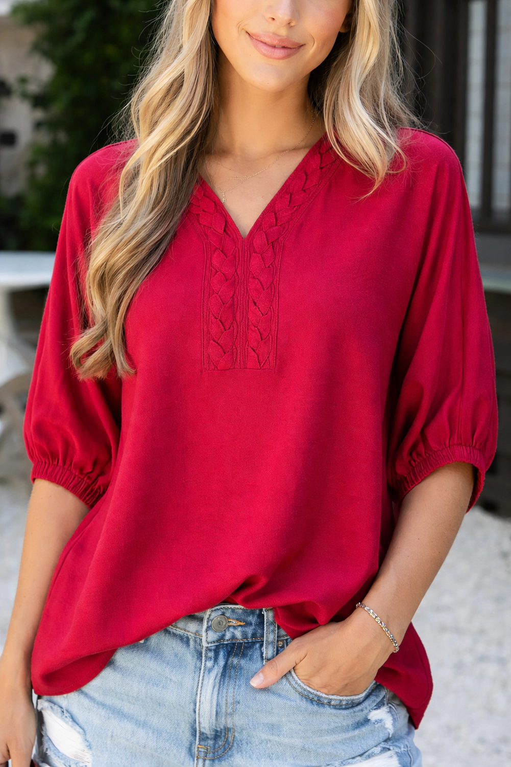 Threaded Pear Women's Willow Trim Half Sleeve Blouse