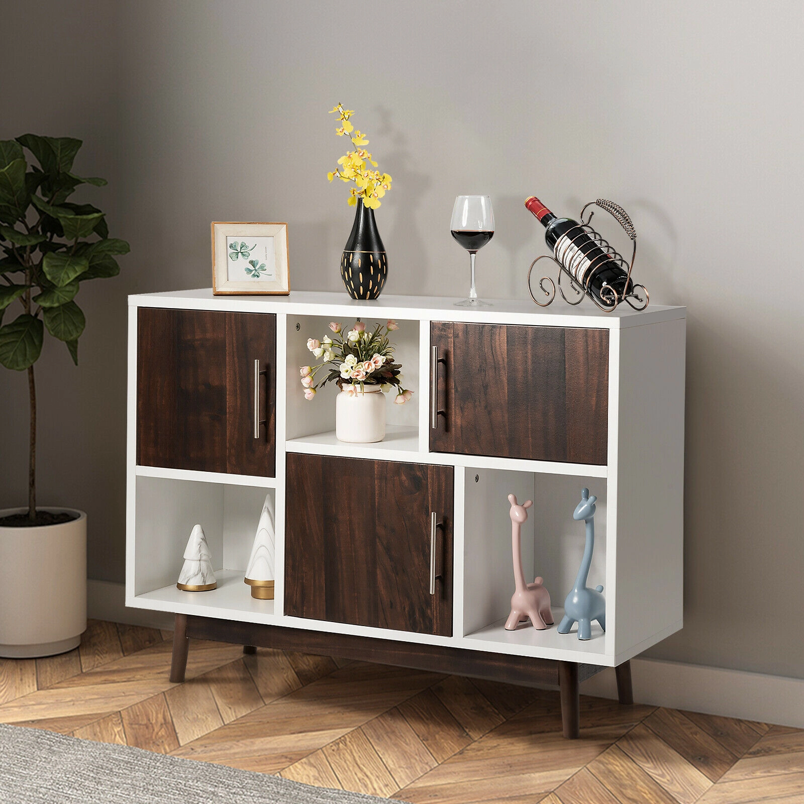SUGIFT 40.5-in White Wood Sideboard Display Cabinet with 6 Compartments and Pine Legs for Living Room