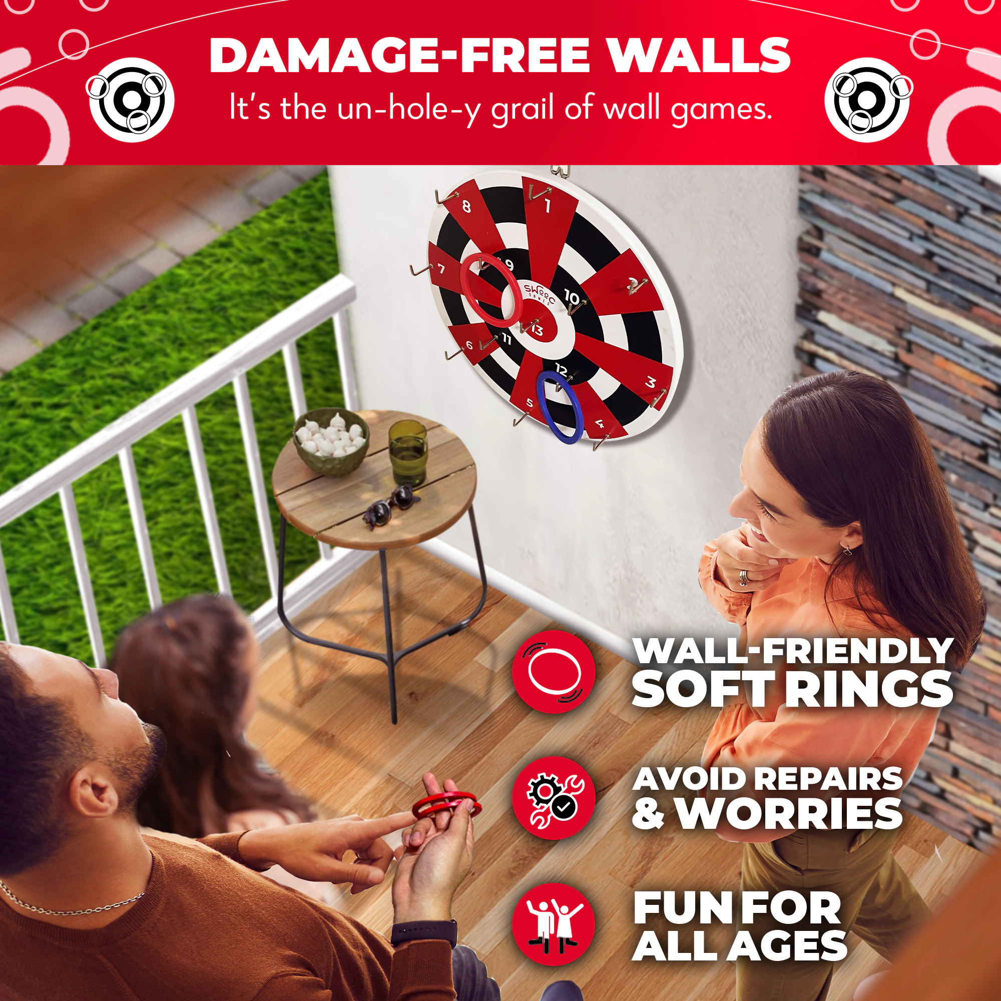 Swooc Games | Hook Darts Ring Toss Game | Wood Board and Soft Rings