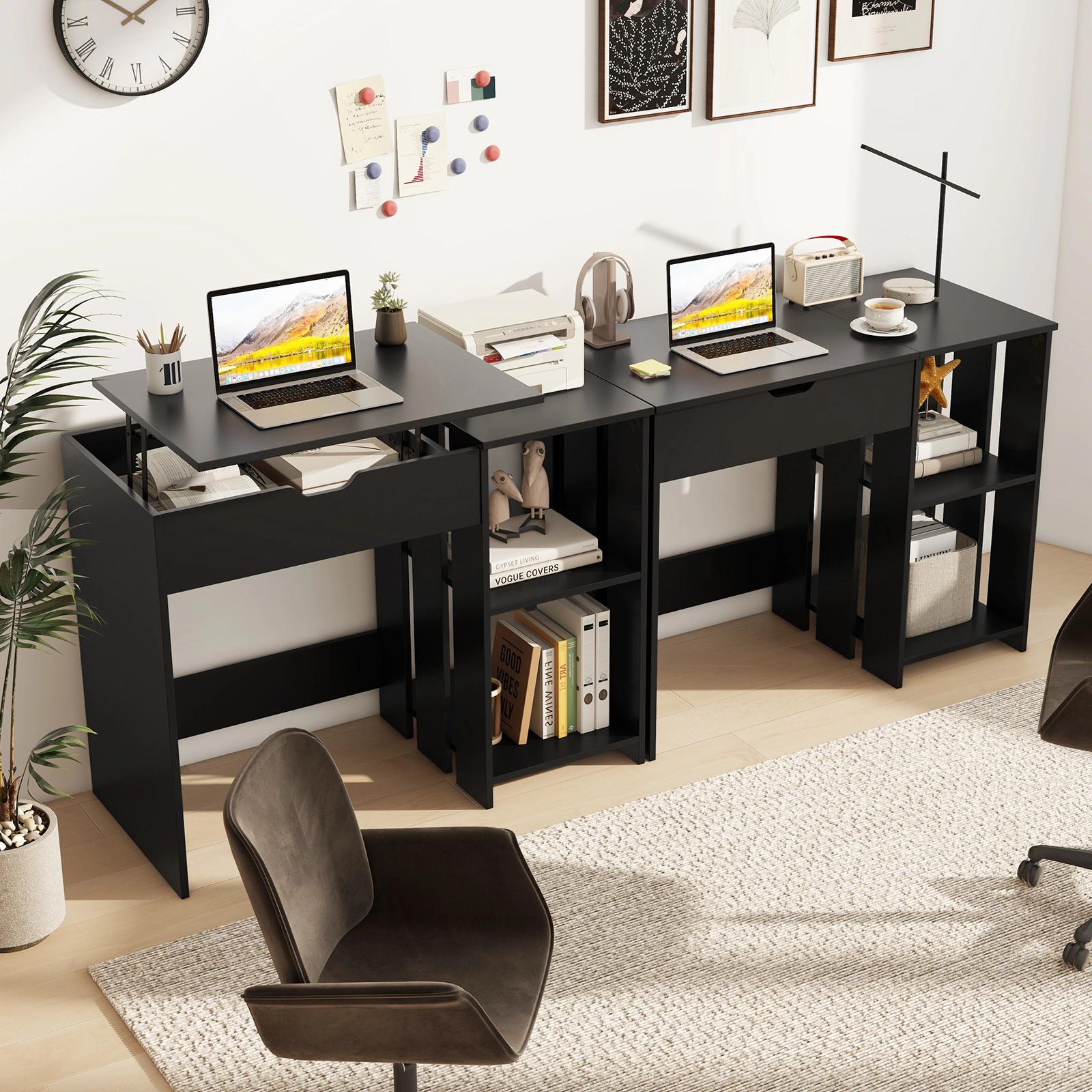 SUGIFT 39.5 in Computer Desk Black Lift Top with Hidden Compartment and Storage Shelves