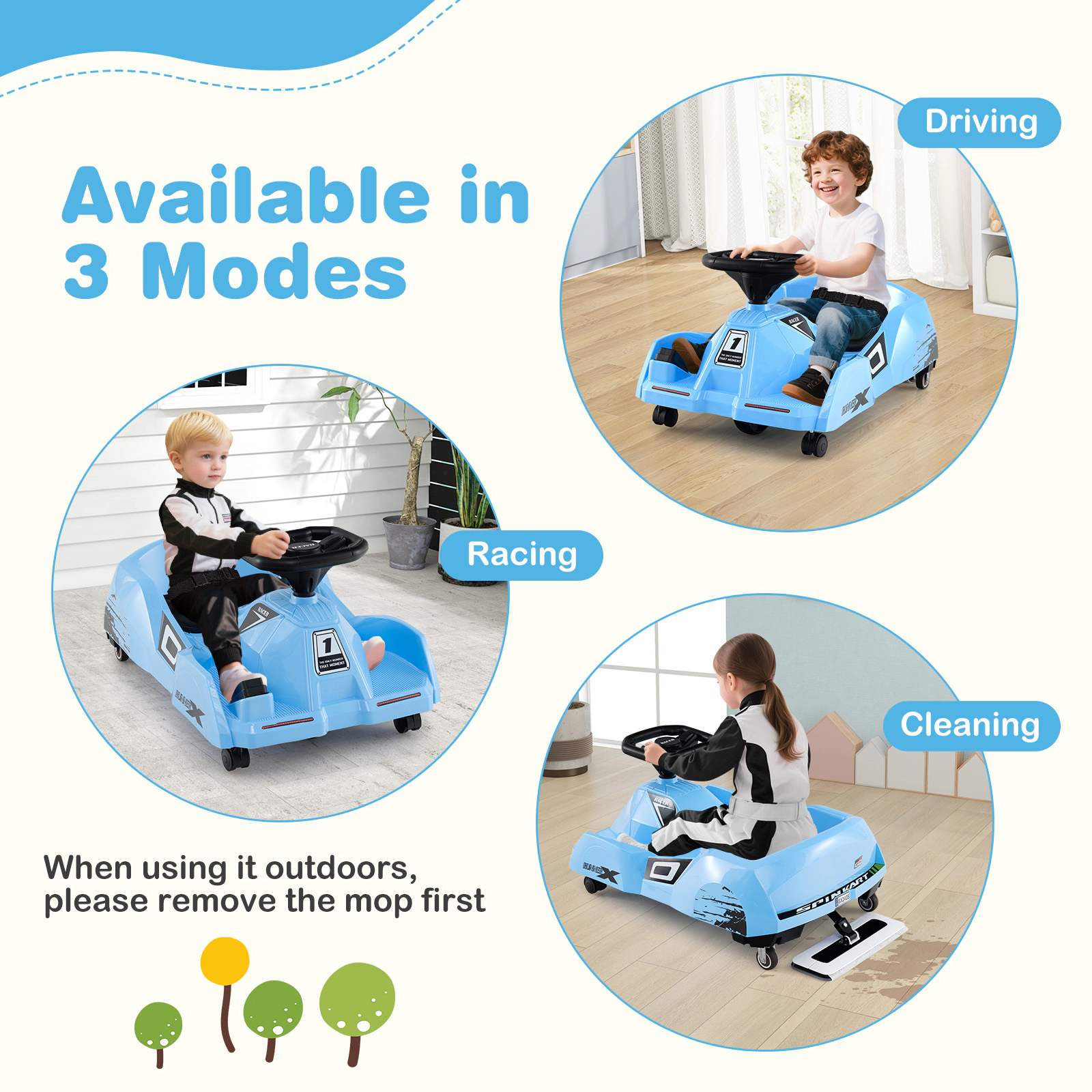 SUGIFT 3-Mode 12V Electric Cleaning Ride-On Go Kart with Detachable Mop 66-lb Capacity Ages 2-5 Blue with Remote Control