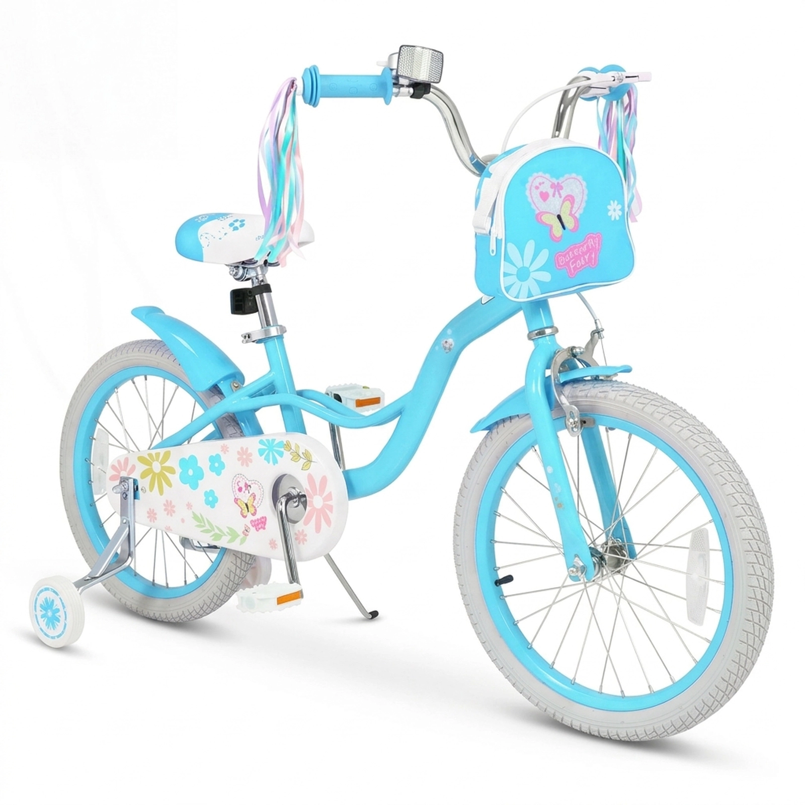 SUGIFT Blue Training Wheels Front Bag Streamers and Kickstand Girls 18 Inch Bike