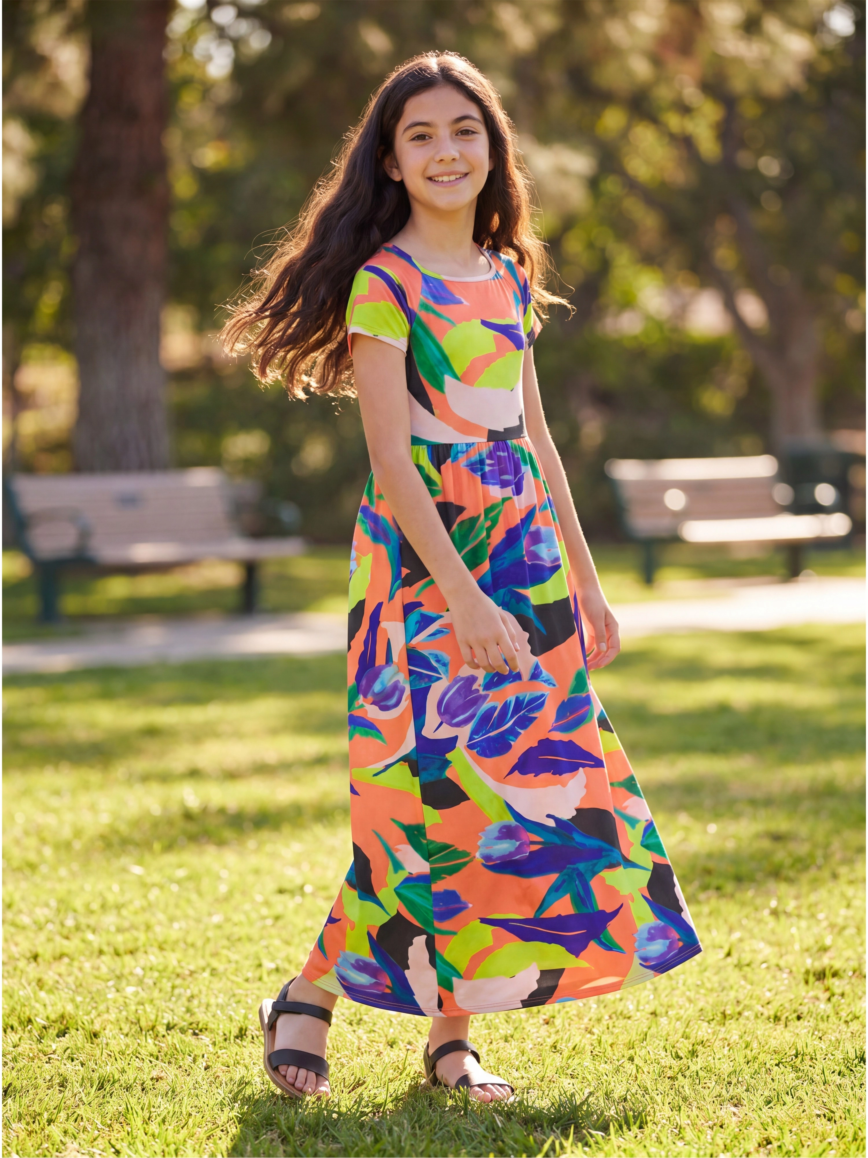 24sevenkid Girls Pastel Floral Print Short Sleeve Maxi Dress