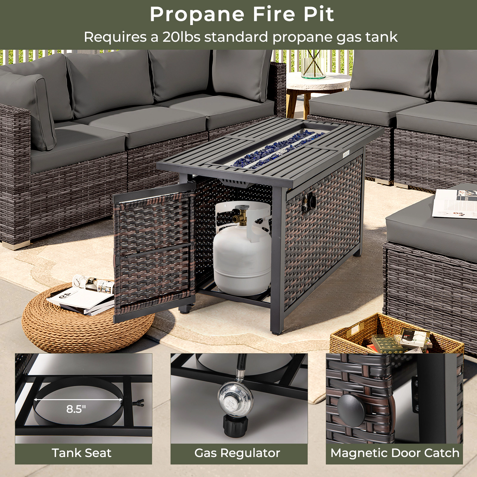 SUGIFT Brown Rattan Propane Fire Pit Table with Glass Stones 45-in W 23-in D 25-in H 220-lb Tabletop Capacity