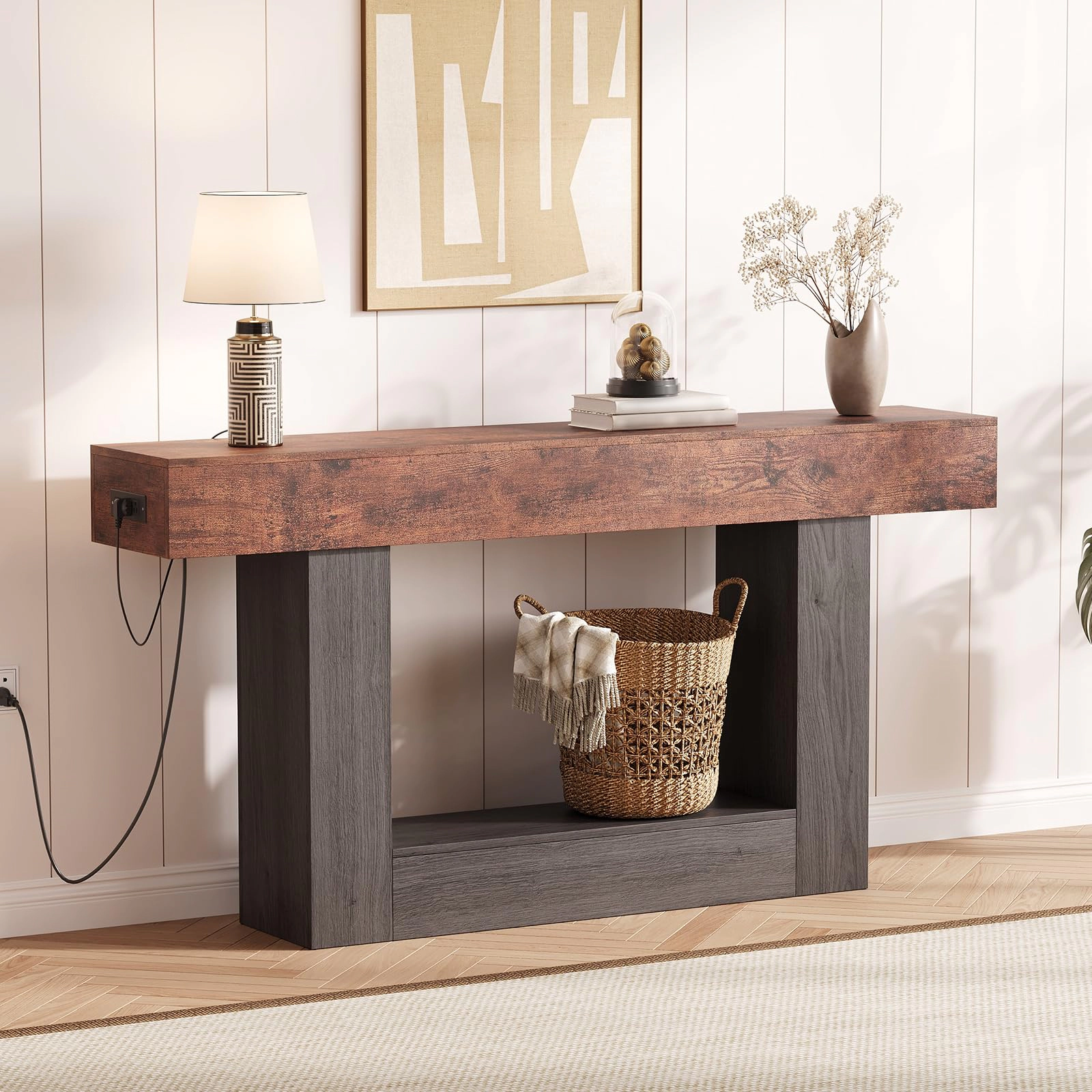 BebreezChic 63" Farmhouse Console Table with Charging Station, 2-Tier Narrow Entryway Sofa Table with Shelf
