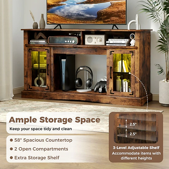 SUGIFT 58 in TV Stand with RGB LED Lights Remote Control and Tempered ...