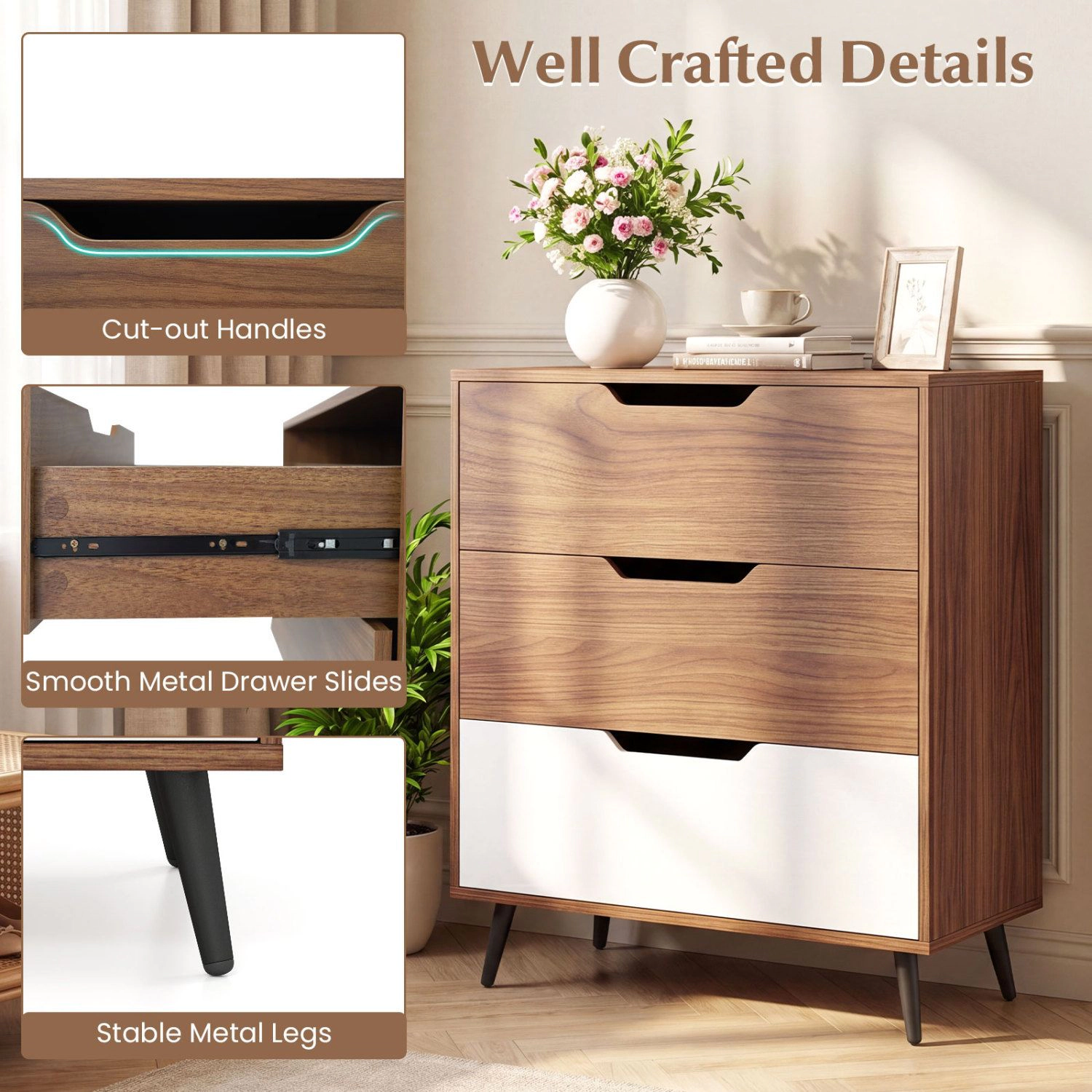 SlickBlue 3-Drawer Bedroom Dresser with Metal Legs and Wall Anchor