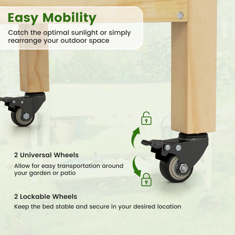 Hivvago Mobile Elevated Wooden Planter Bed with Lockable Wheels Shelf & Liner