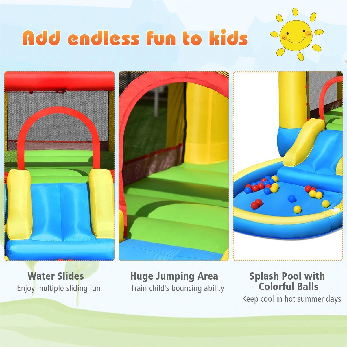 SUGIFT Inflatable Kids Slide Bounce House with 550 w Blower 150-lb Capacity Ages 3-5 Years Colorful 2-Child Design