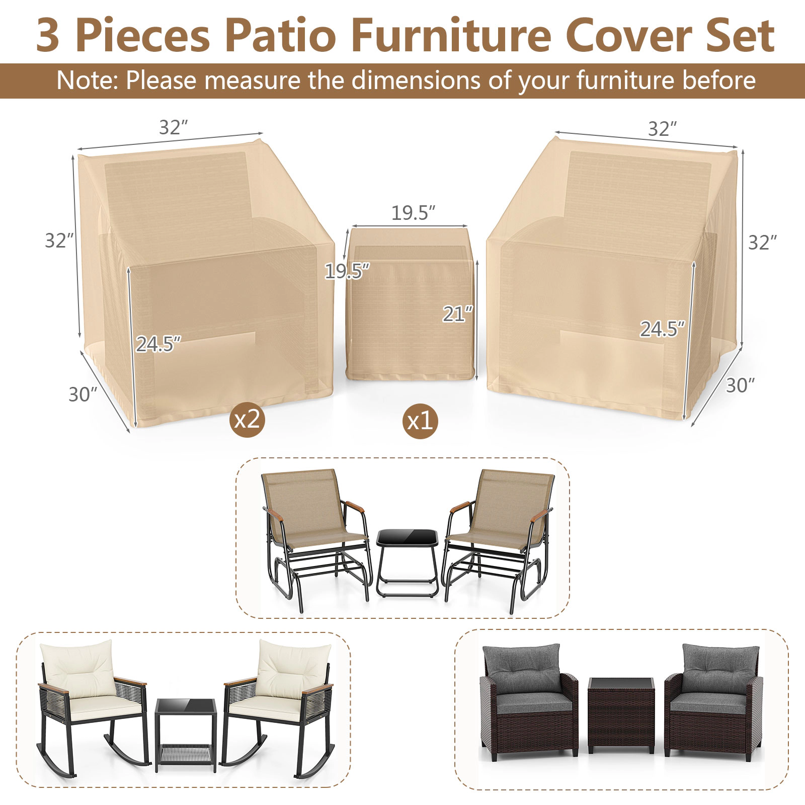 LJG Patio Furniture Covers Waterproof Outdoor Conversation for 3 Pieces Bistro Set