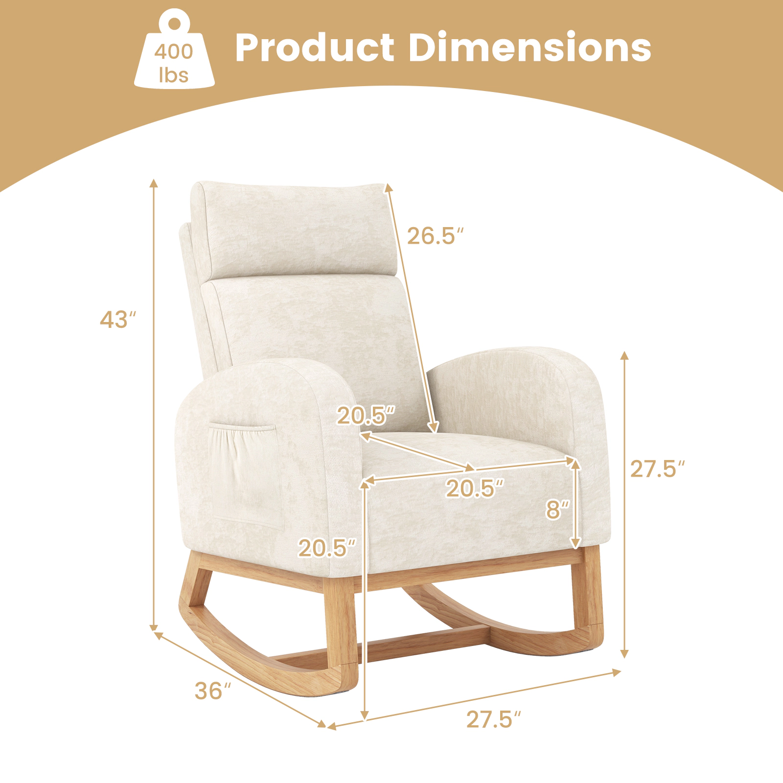 LJG Nursery Rocking Chair Upholstered Chenille Rocker Armchair with Natural Rubber Wood Frame