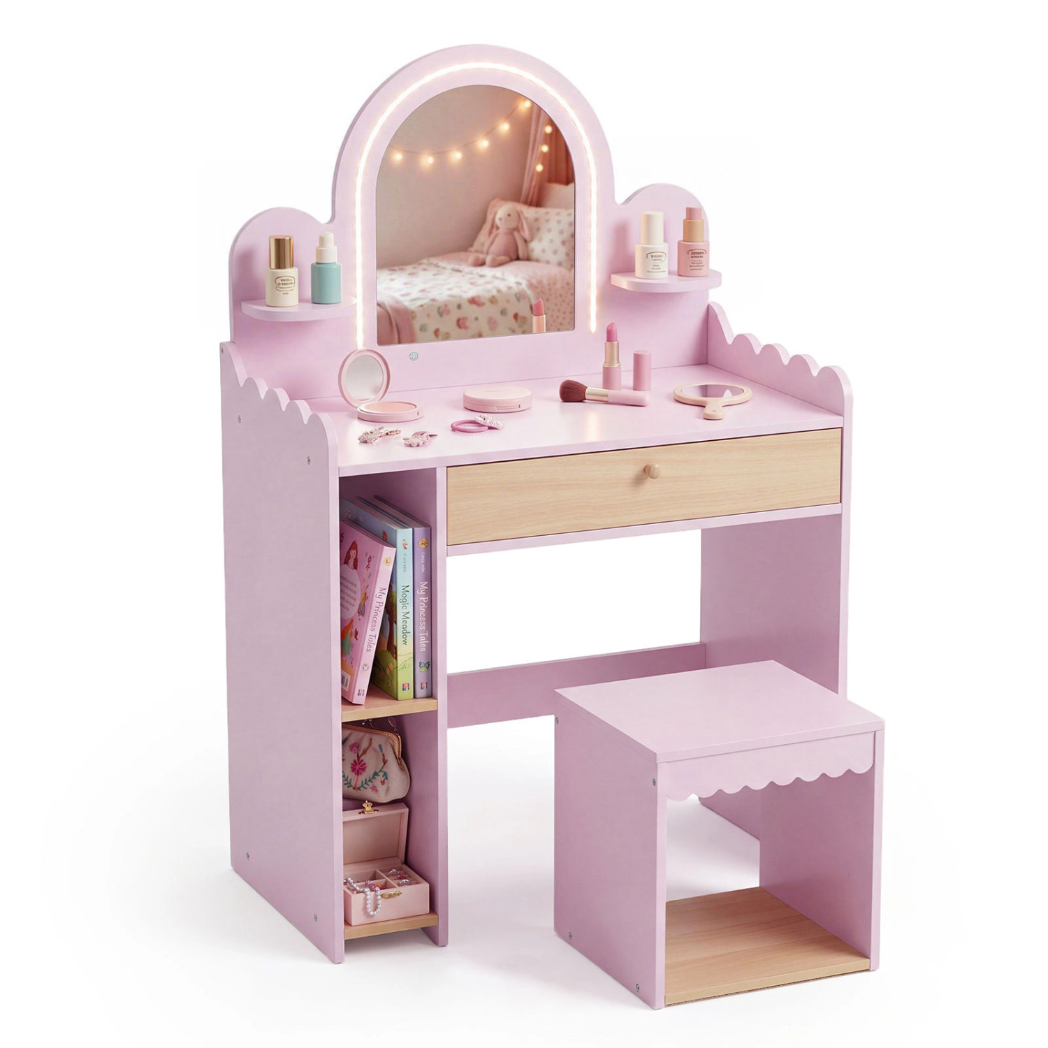 Hivvago Pretend Makeup Dressing Table Set With 2 Small Shelves And Compartments