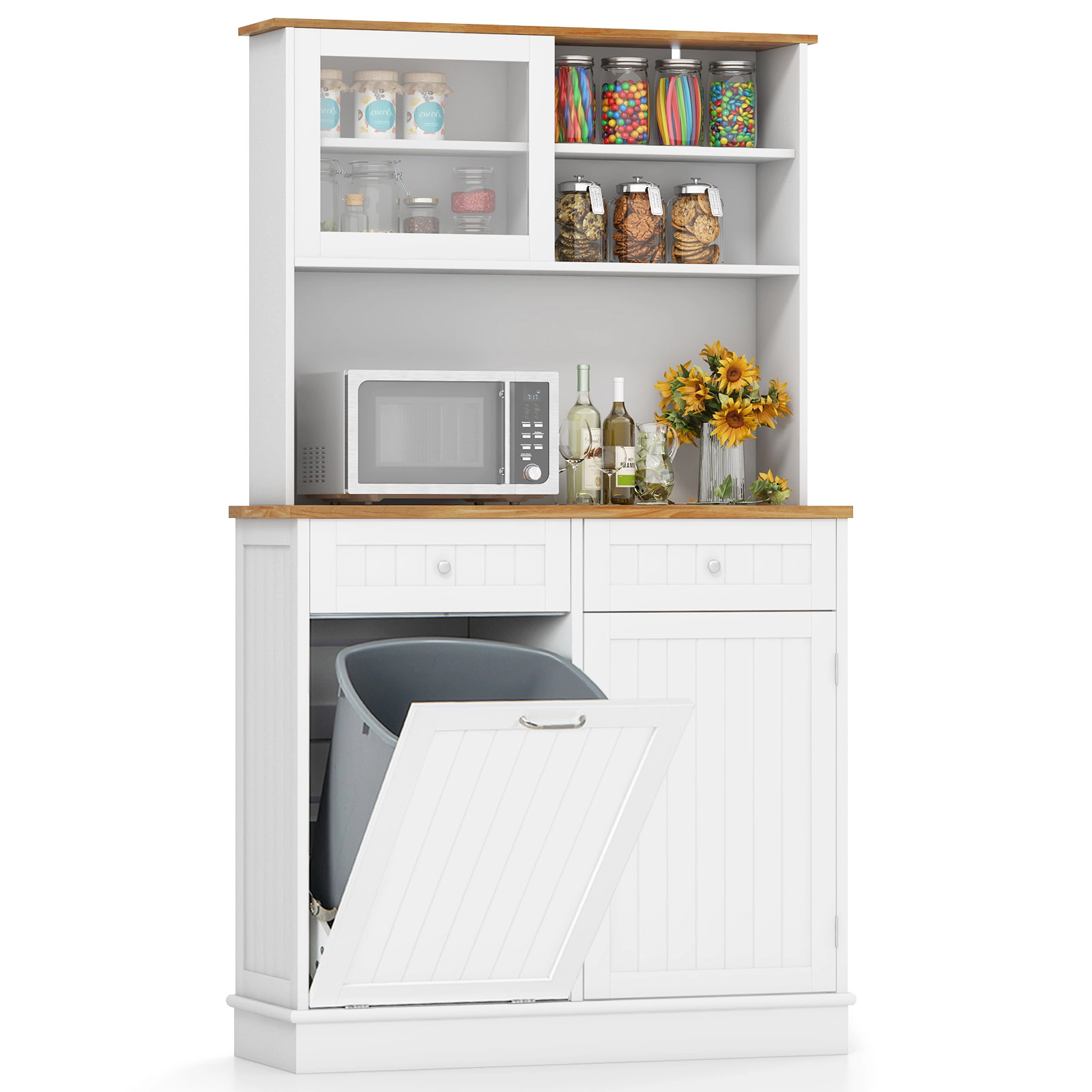 Glintex 68-Inch Tilt-Out Trash Cabinet with Rubberwood Top and Glass Hutch, White + Natural