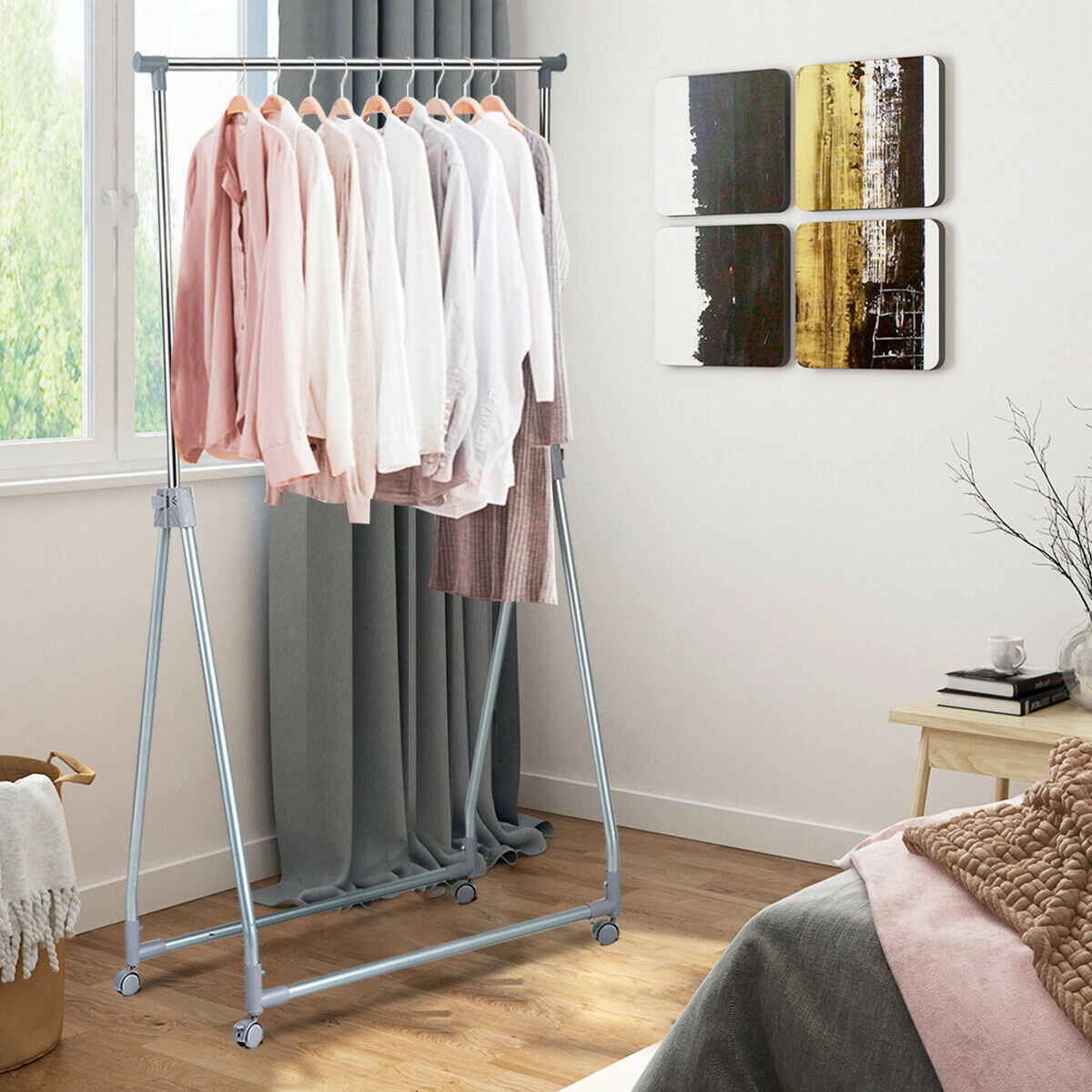 SUGIFT Silver Foldable Extendable Rolling Clothes Rack with 66-in Adjustable Rod and 4 Caster Wheels